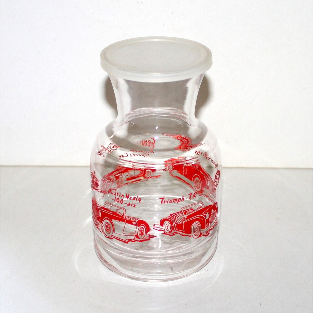 Vintage Carafe w Lid Juice Milk Cars Austin Triumph Jaguar Corvette jug bottle